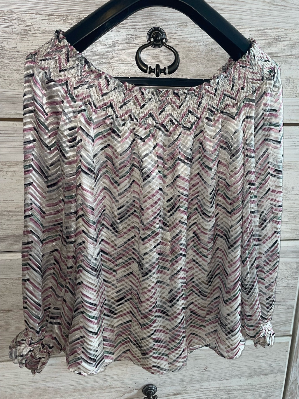 White House Black Market Blush Multi Chevron Off-Shoulder Blouse